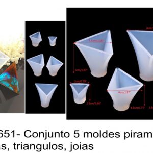 J 1651- Conjunto 5 moldes piramides 3 faces, prismas, triangulos, joias, cristais, pedras cachabon cristal