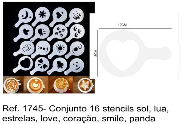 J 1745- Conjunto 16 stencils sol, lua, estrelas, love, coração, smile, panda, arvore, pinheiro, folhas, smile, laços