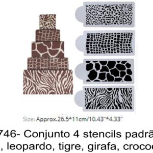J 1746- Conjunto 4 stencils padrão animal, leopardo, tigre, girafa, crocodilo, selva, zebra, pele