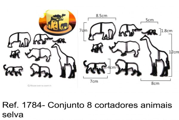 J 1784- Conjunto 8 cortadores animais selva silhuetas
