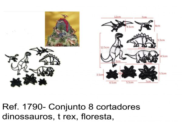 J 1790- Conjunto 8 cortadores dinossauros, t rex, floresta, silhuetas