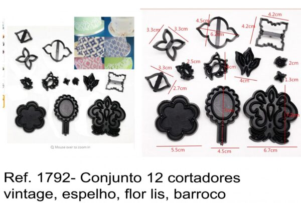 J 1792- Conjunto 12 cortadores vintage, espelho, flor lis, barroco silhuetas