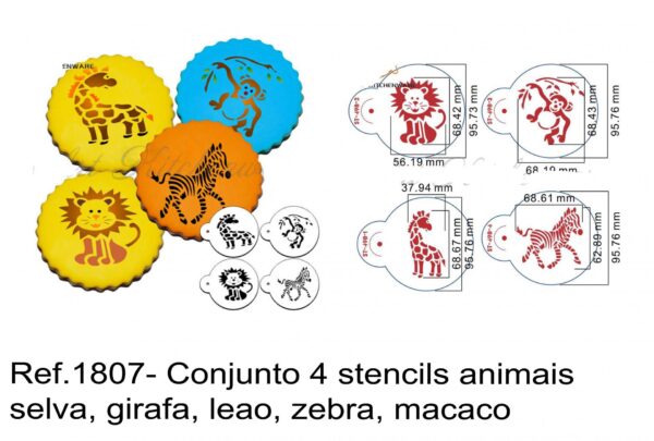 J 1807- Conjunto 4 stencils animais selva, girafa, leao, zebra, macaco