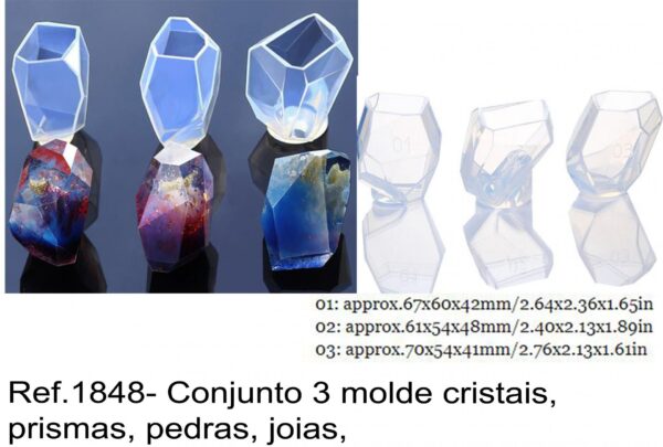 J 1848- Conjunto 3 molde cristais, prismas, pedras preciosas, joias,  cachabon cristal