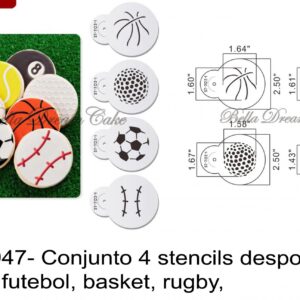 J 1947- Conjunto 4 stencils desporto, bolas, futebol, basket, rugby,