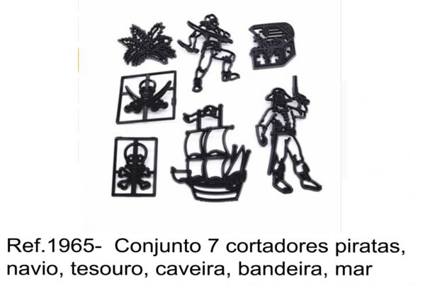 J 1965-  Conjunto 7 cortadores piratas, navio, tesouro, caveira, bandeira, mar, oceano, joias