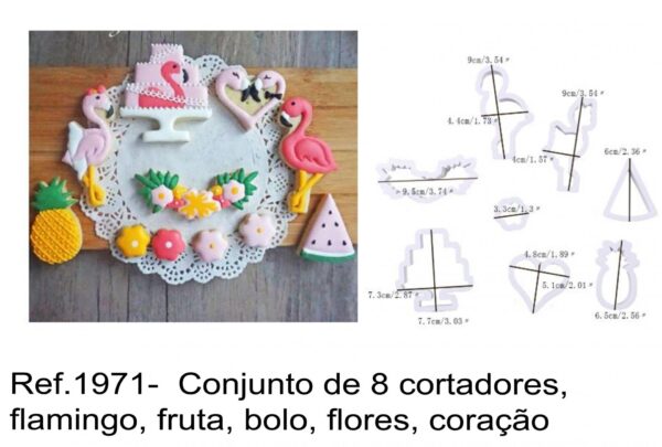 J 1971-  Conjunto de 8 cortadores, flamingo, fruta, bolo, flores, coração