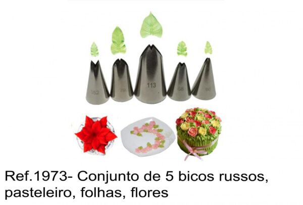 J 1973- Conjunto de 5 bicos russos, pasteleiro, folhas, flores