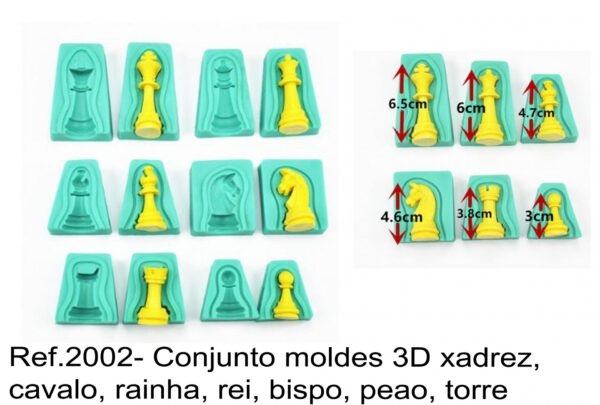 J 2002- Conjunto moldes 3D xadrez, cavalo, rainha, rei, bispo, peao, torre