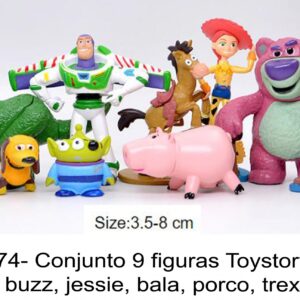 J 2074- Conjunto 9 figuras Toystory,  woody, buzz, jessie, bala, porco, trex, cão, urso, extraterrestre