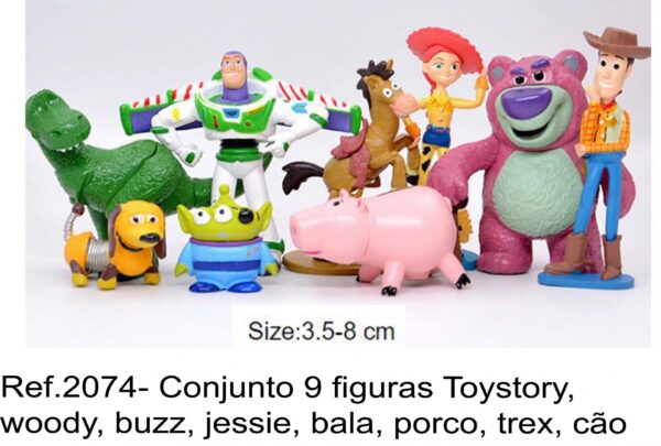 J 2074- Conjunto 9 figuras Toystory,  woody, buzz, jessie, bala, porco, trex, cão, urso, extraterrestre