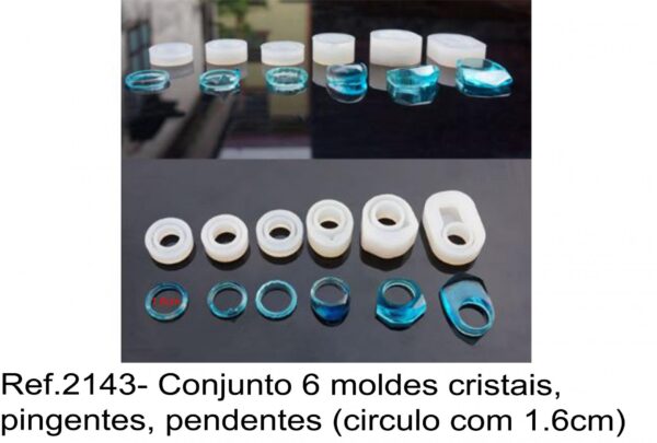 J 2143- Conjunto 6 moldes cristais, pingentes, pendentes, joias, anel (circulo com 1.6cm) medalhas cristal