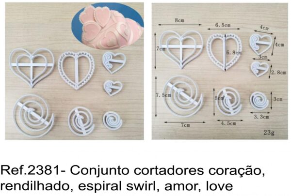 J 2381- Conjunto cortadores coração, rendilhado, espiral swirl, amor, love, corações, rendas, lace