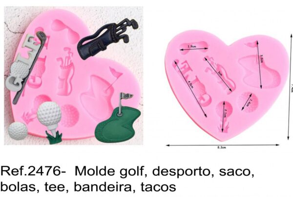 J 2476-  Molde golf, desporto, saco, bolas, tee, bandeira, tacos