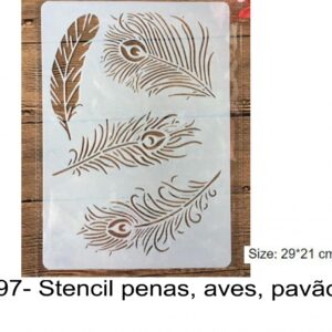 J 2497- Stencil penas, aves, pavão, escrita