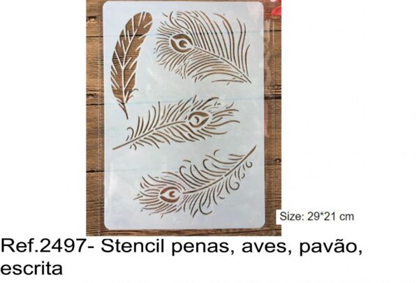 J 2497- Stencil penas, aves, pavão, escrita