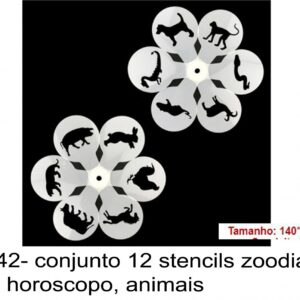 J 2542- conjunto 12 stencils zoodiaco, chinês, horoscopo, animais boi, cavalo, tigre, porco, coelho, galo, rato, dragão, cão, macaco, serpente, cabra,