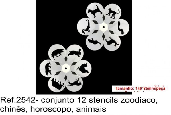 J 2542- conjunto 12 stencils zoodiaco, chinês, horoscopo, animais boi, cavalo, tigre, porco, coelho, galo, rato, dragão, cão, macaco, serpente, cabra,
