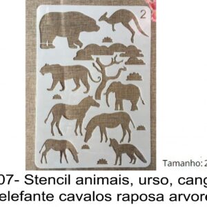 J 2607- Stencil animais, urso, canguru, puma, elefante cavalos raposa arvores selva