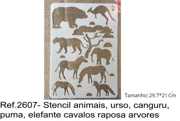 J 2607- Stencil animais, urso, canguru, puma, elefante cavalos raposa arvores selva