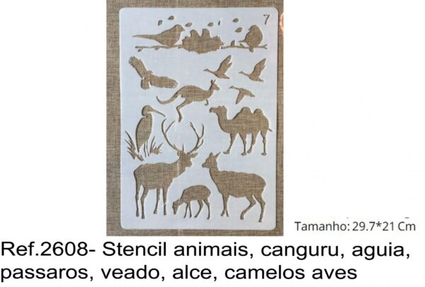 J 2608- Stencil animais, canguru, aguia, passaros, veado, alce, camelos aves