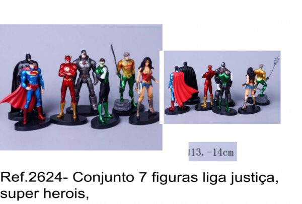 J 2624- Conjunto 7 figuras liga justiça, super herois,super homen batman flash aquaman mulher maravilha green hornet ciborgue