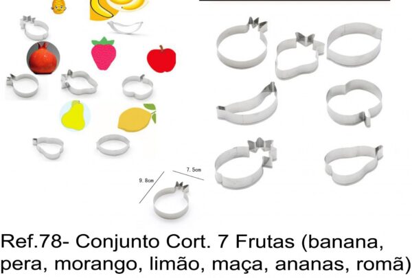 J 78- Conjunto Cortadores 7 Frutas (banana, pera, morango, limão, maça, ananas romã)
