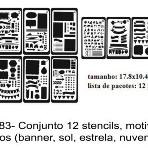 J 883- Conjunto 12 stencils, motivos variados (banner, pow, sol, estrela, nuvem...)