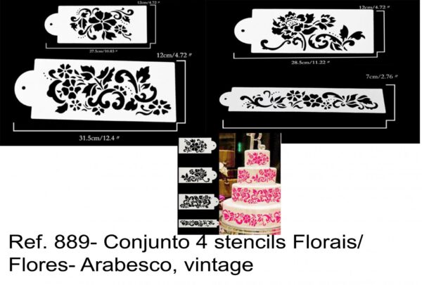 J 889- Conjunto 4 stencils Florais/ Flores- Arabesco, vintage