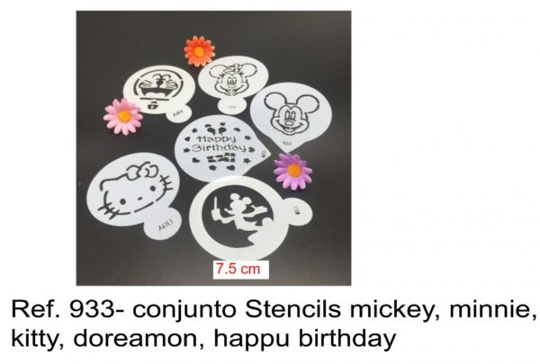 J 933- conjunto Stencils mickey, minnie, kitty, doreamon, happu birthday gatos